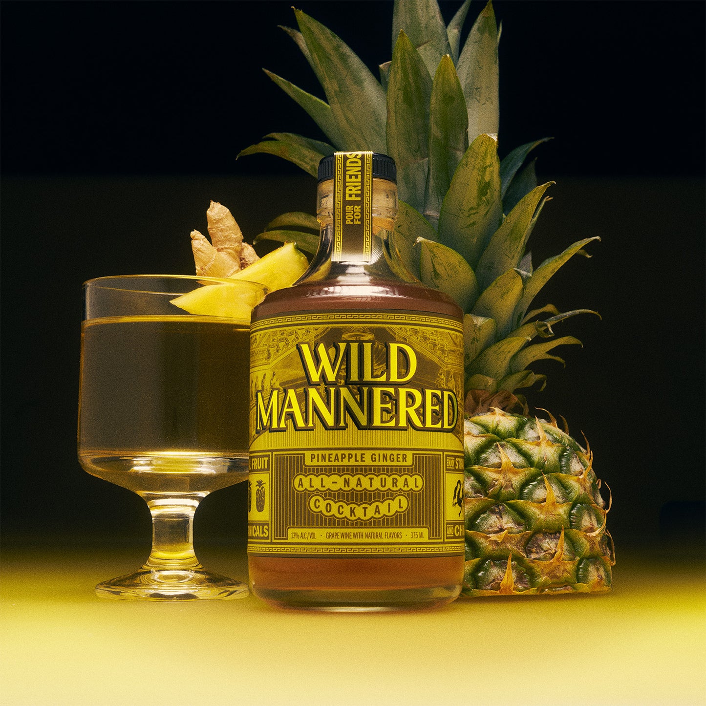 375 ml bottle of Pineapple Ginger Wild Mannered all-natural soju cocktail with cocktail glass, pineapple and ginger